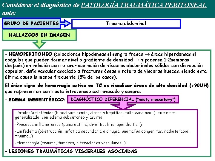 Considerar el diagnóstico de PATOLOGÍA TRAUMÁTICA PERITONEAL ante: GRUPO DE PACIENTES Trauma abdominal HALLAZGOS Considerar el diagnóstico de PATOLOGÍA TRAUMÁTICA PERITONEAL ante: GRUPO DE PACIENTES Trauma abdominal HALLAZGOS