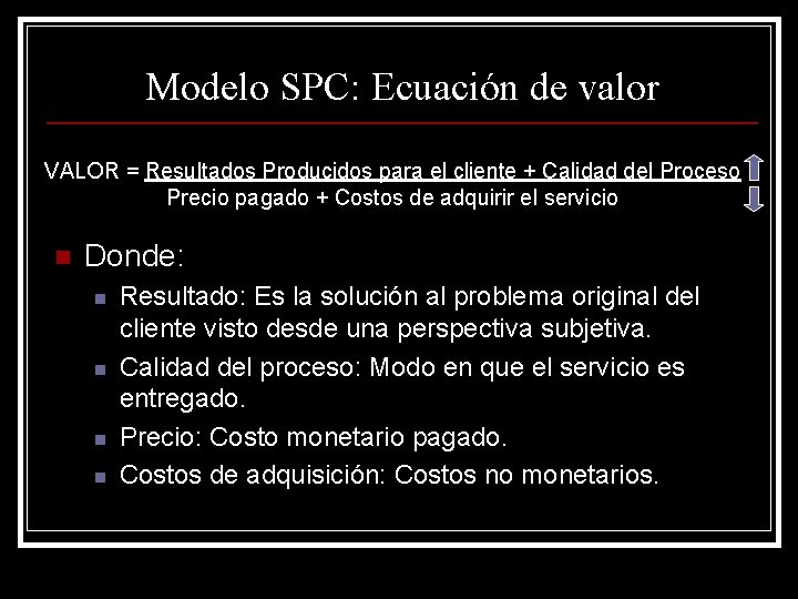 Modelo SPC: Ecuación de valor VALOR = Resultados Producidos para el cliente + Calidad