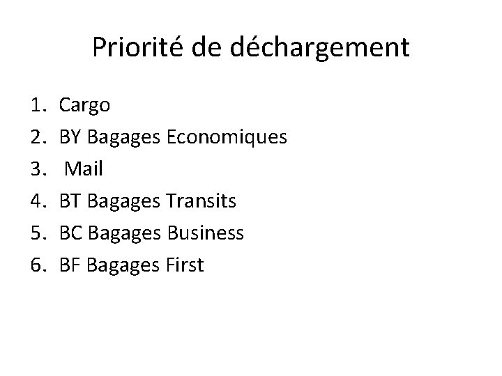 Priorité de déchargement 1. 2. 3. 4. 5. 6. Cargo BY Bagages Economiques Mail Priorité de déchargement 1. 2. 3. 4. 5. 6. Cargo BY Bagages Economiques Mail