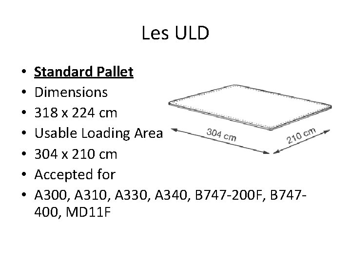 Les ULD • • Standard Pallet Dimensions 318 x 224 cm Usable Loading Area Les ULD • • Standard Pallet Dimensions 318 x 224 cm Usable Loading Area