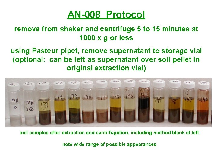 AN-008 Protocol remove from shaker and centrifuge 5 to 15 minutes at 1000 x AN-008 Protocol remove from shaker and centrifuge 5 to 15 minutes at 1000 x