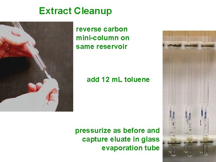 Extract Cleanup reverse carbon mini-column on same reservoir add 12 m. L toluene pressurize Extract Cleanup reverse carbon mini-column on same reservoir add 12 m. L toluene pressurize