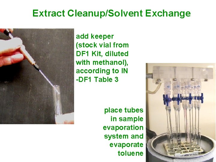 Extract Cleanup/Solvent Exchange add keeper (stock vial from DF 1 Kit, diluted with methanol), Extract Cleanup/Solvent Exchange add keeper (stock vial from DF 1 Kit, diluted with methanol),