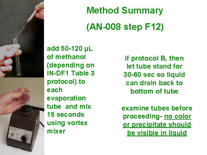 Method Summary (AN-008 step F 12) add 50 -120 µL of methanol (depending on Method Summary (AN-008 step F 12) add 50 -120 µL of methanol (depending on