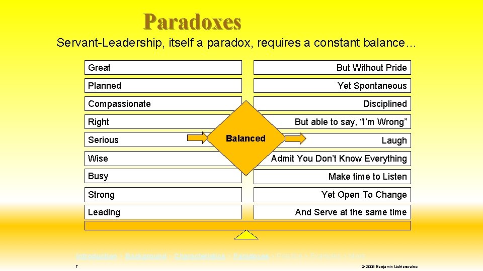 Paradoxes Servant-Leadership, itself a paradox, requires a constant balance… Great But Without Pride Planned