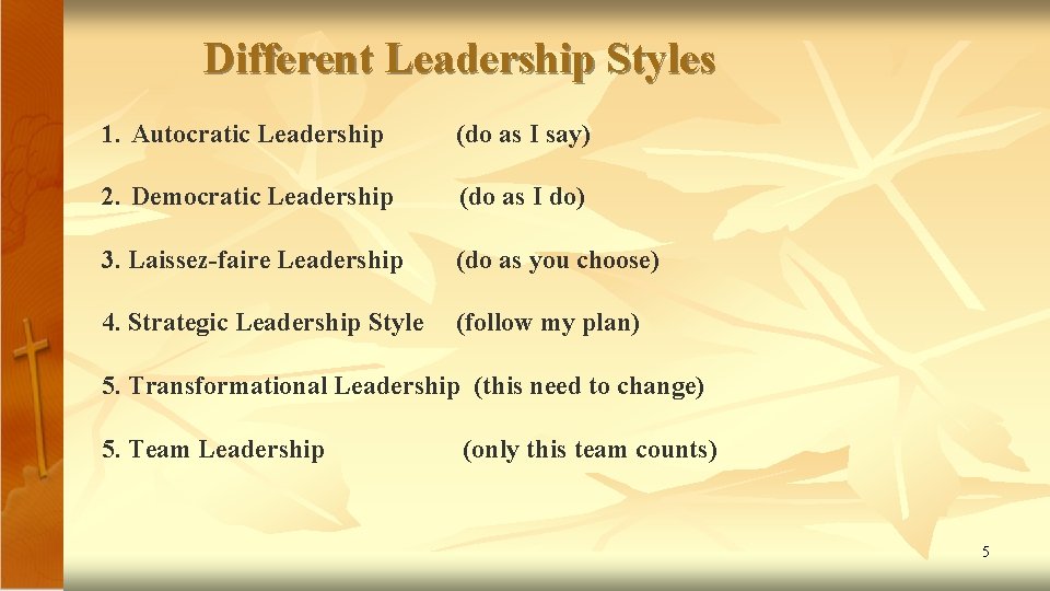 Different Leadership Styles 1. Autocratic Leadership (do as I say) 2. Democratic Leadership (do