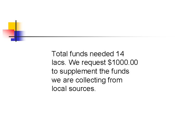 Total funds needed 14 lacs. We request $1000. 00 to supplement the funds we