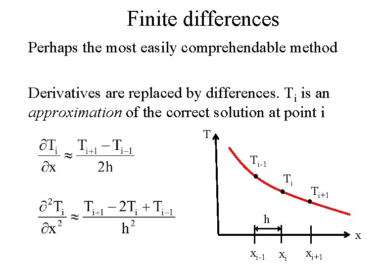 Finite differences Perhaps the most easily comprehendable method Derivatives are replaced by differences. Ti