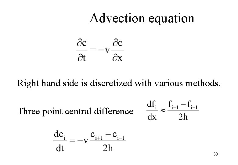 Advection equation Right hand side is discretized with various methods. Three point central difference