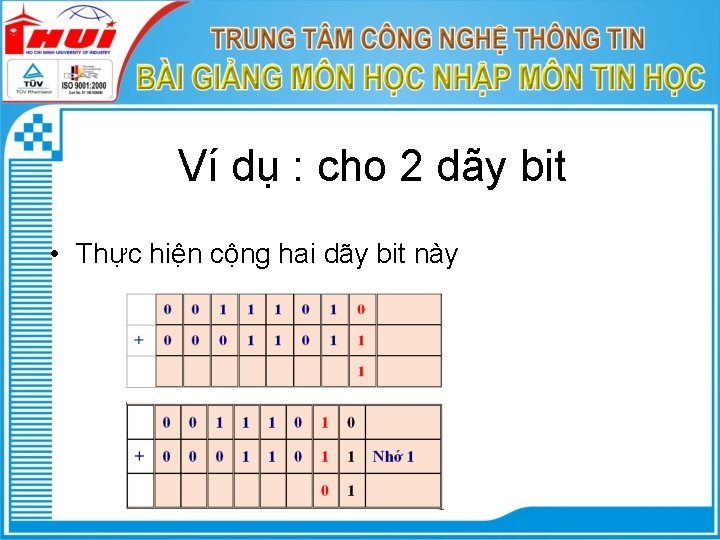 Ví dụ : cho 2 dãy bit • Thực hiện cộng hai dãy bit