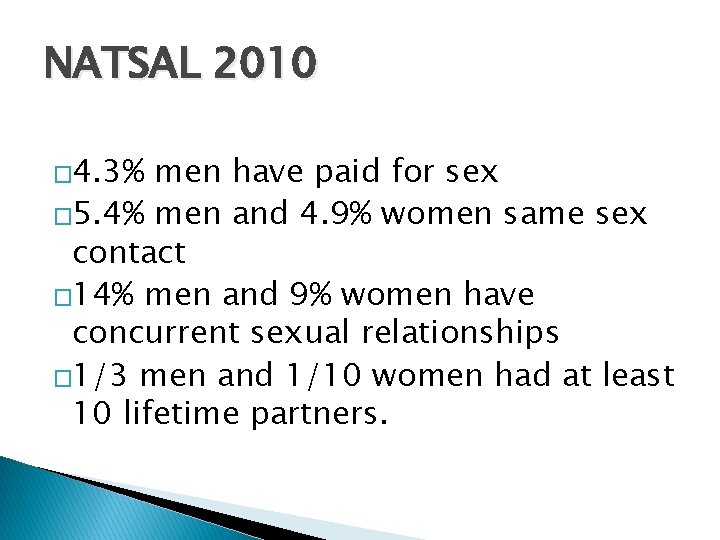 NATSAL 2010 � 4. 3% men have paid for sex � 5. 4% men