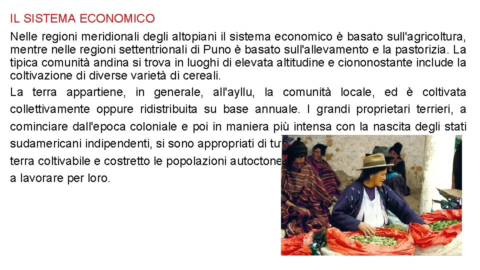 IL SISTEMA ECONOMICO Nelle regioni meridionali degli altopiani il sistema economico è basato sull'agricoltura,