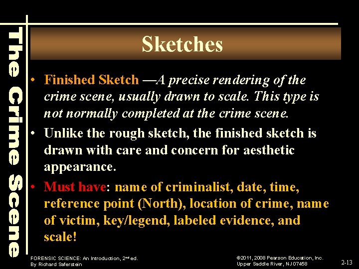 Sketches • Finished Sketch —A precise rendering of the crime scene, usually drawn to