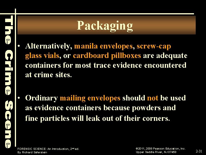 Packaging • Alternatively, manila envelopes, screw-cap glass vials, or cardboard pillboxes are adequate containers