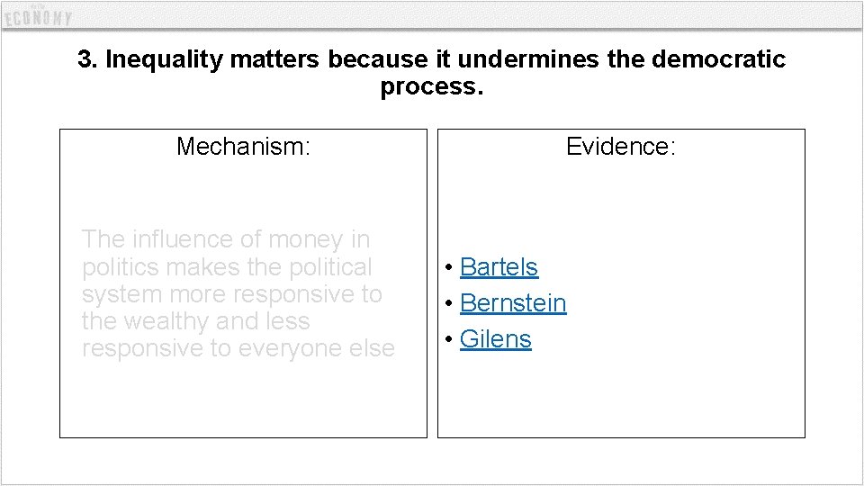 3. Inequality matters because it undermines the democratic process. Mechanism:   The influence of