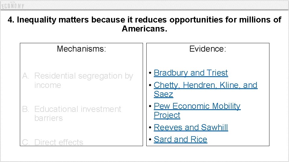 4. Inequality matters because it reduces opportunities for millions of Americans. Mechanisms: A. Residential