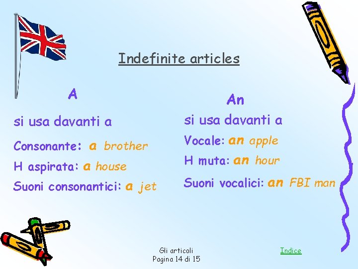 Indefinite articles A An si usa davanti a Vocale: an apple H muta: an