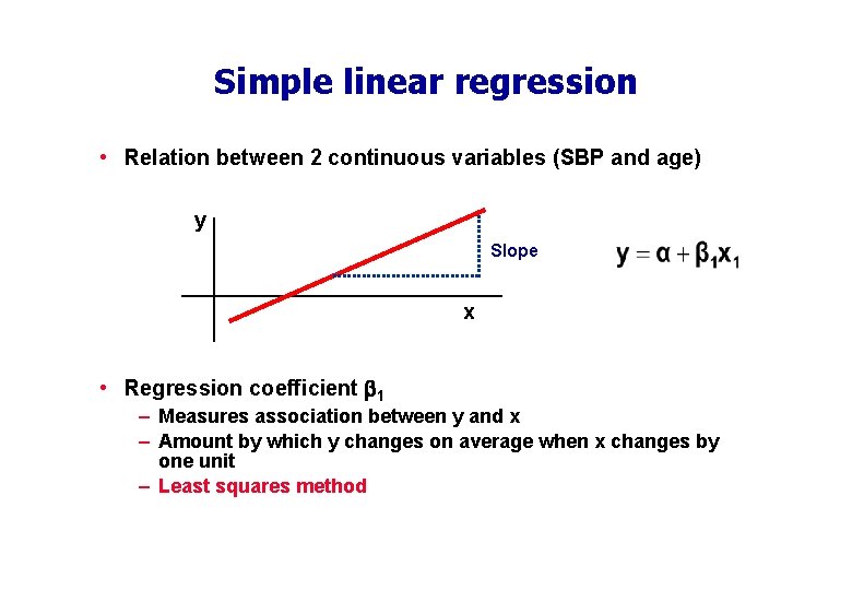 Simple linear regression • Relation between 2 continuous variables (SBP and age) y Slope