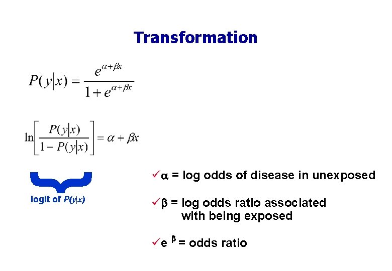 { Transformation logit of P(y|x) ü = log odds of disease in unexposed ü