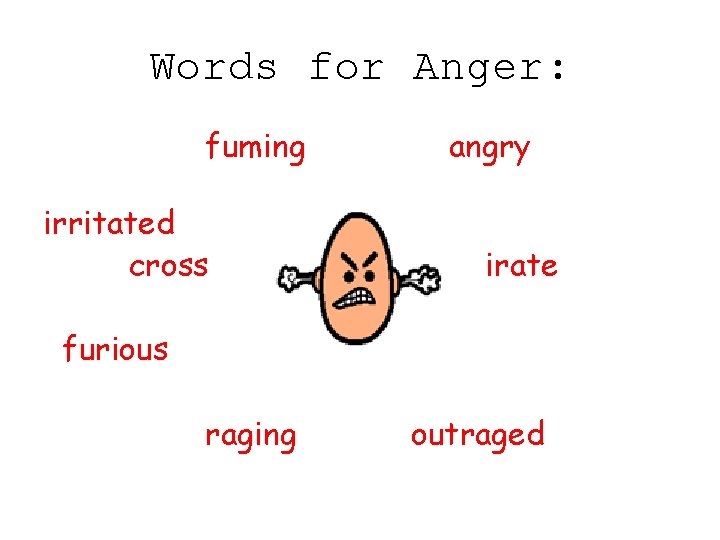 Words for Anger: fuming irritated cross angry irate furious raging outraged 