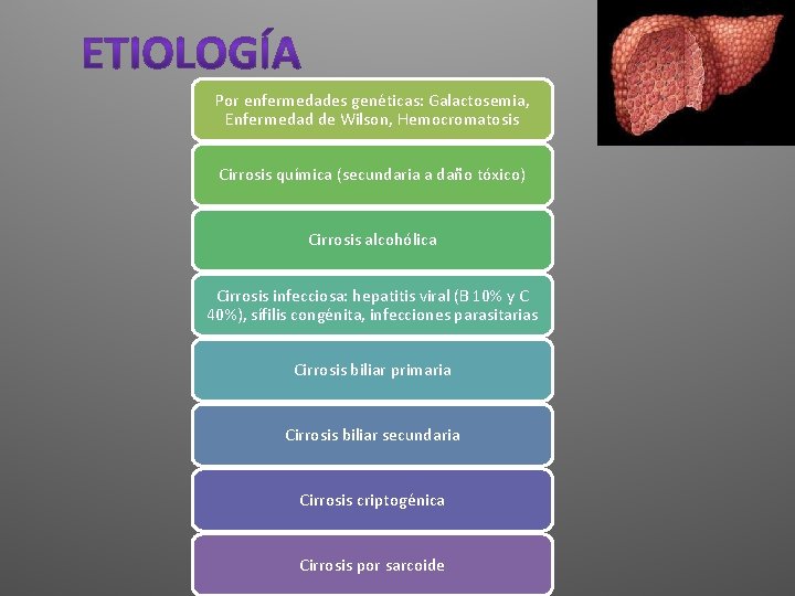 Por enfermedades genéticas: Galactosemia, Enfermedad de Wilson, Hemocromatosis Cirrosis química (secundaria a daño tóxico) Por enfermedades genéticas: Galactosemia, Enfermedad de Wilson, Hemocromatosis Cirrosis química (secundaria a daño tóxico)