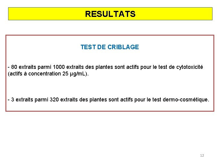 RESULTATS TEST DE CRIBLAGE - 80 extraits parmi 1000 extraits des plantes sont actifs