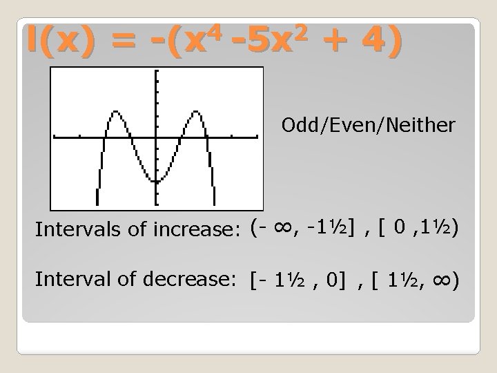 4 2 l(x) = -(x -5 x + 4) Odd/Even/Neither Intervals of increase: (-