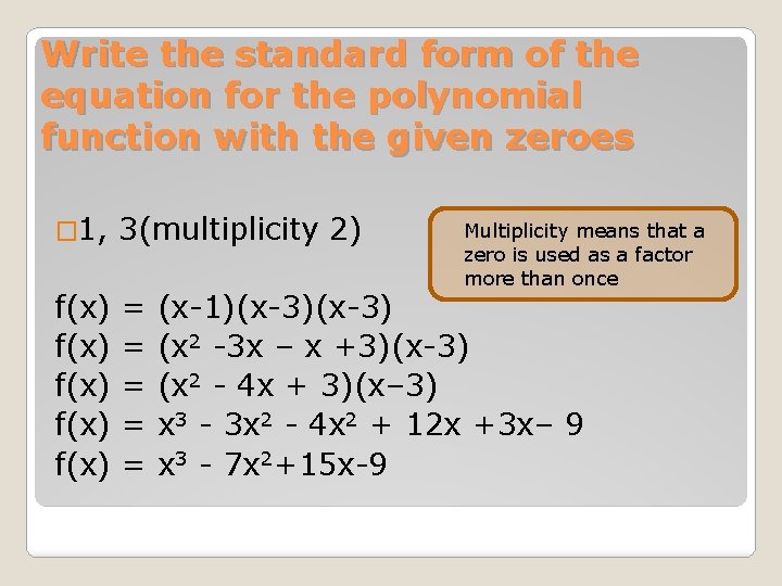 Write the standard form of the equation for the polynomial function with the given