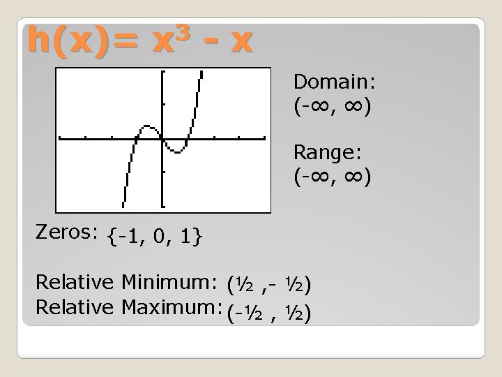 3 h(x)= x - x Domain: (-∞, ∞) Range: (-∞, ∞) Zeros: {-1, 0,