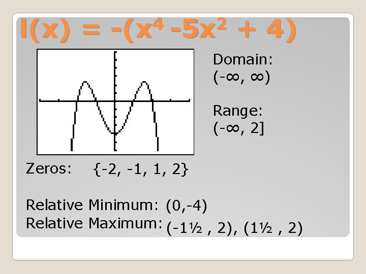 4 2 l(x) = -(x -5 x + 4) Domain: (-∞, ∞) Range: (-∞,