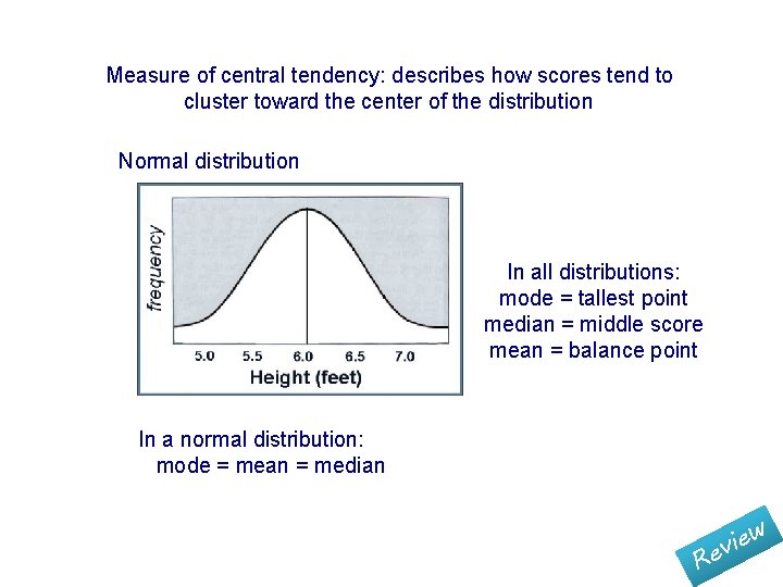 Measure of central tendency: describes how scores tend to cluster toward the center of