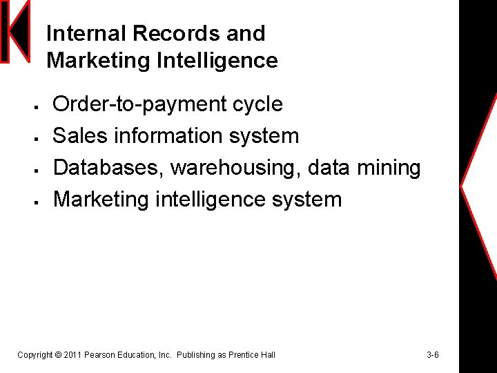Internal Records and Marketing Intelligence § § Order-to-payment cycle Sales information system Databases, warehousing,