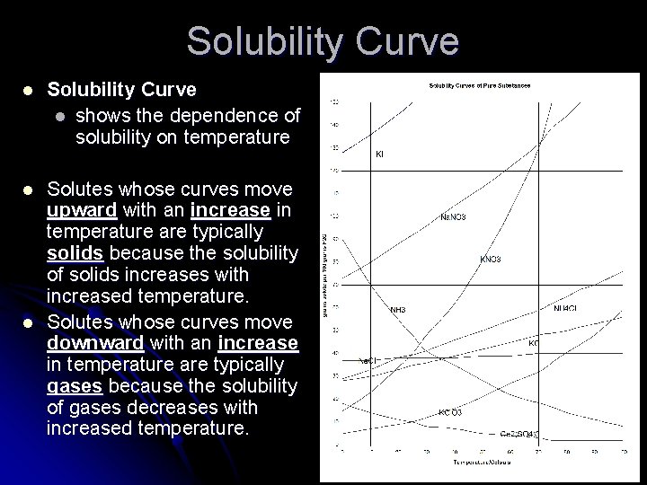 Solubility Curve l shows the dependence of solubility on temperature l Solutes whose curves Solubility Curve l shows the dependence of solubility on temperature l Solutes whose curves