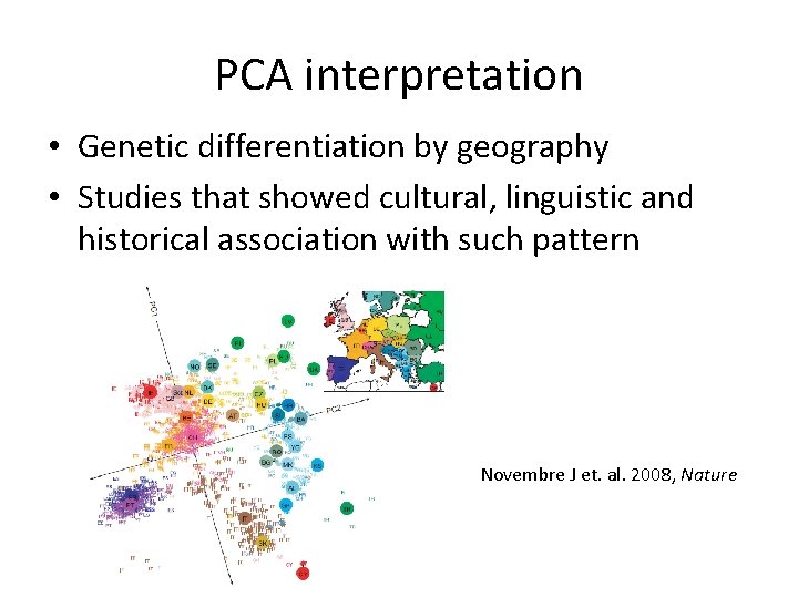 PCA interpretation • Genetic differentiation by geography • Studies that showed cultural, linguistic and