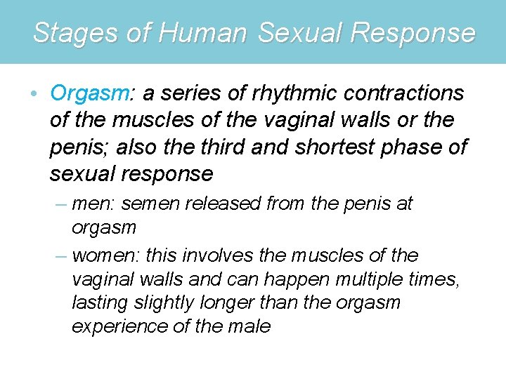 Stages of Human Sexual Response • Orgasm: a series of rhythmic contractions of the
