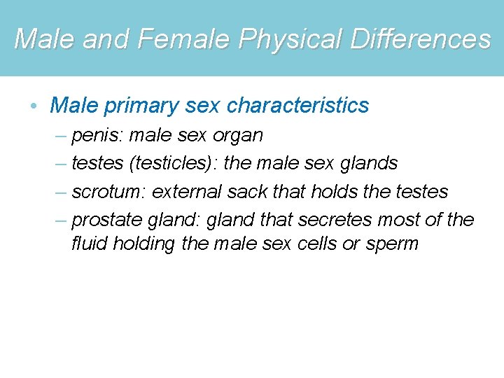 Male and Female Physical Differences • Male primary sex characteristics – penis: male sex