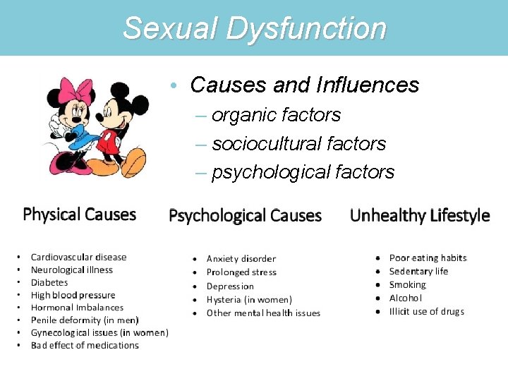 Sexual Dysfunction • Causes and Influences – organic factors – sociocultural factors – psychological