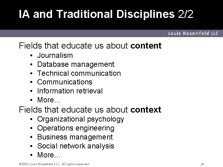 IA and Traditional Disciplines 2/2 Louis Rosenfeld LLC Fields that educate us about content