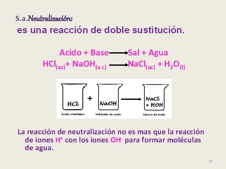 5. a. Neutralización: es una reacción de doble sustitución. Acido + Base Sal +