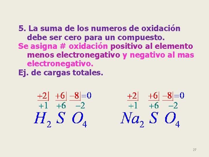 5. La suma de los numeros de oxidación debe ser cero para un compuesto.