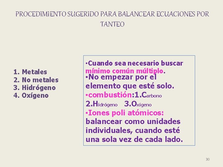 PROCEDIMIENTO SUGERIDO PARA BALANCEAR ECUACIONES POR TANTEO 1. Metales 2. No metales 3. Hidrógeno