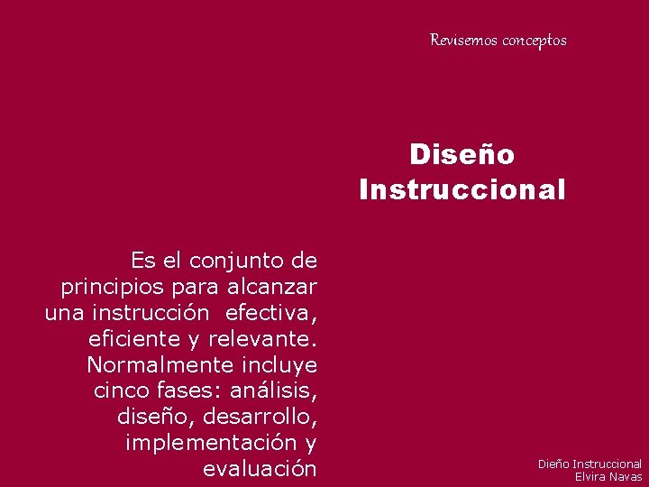 Revisemos conceptos Diseño Instruccional Es el conjunto de principios para alcanzar una instrucción efectiva, Revisemos conceptos Diseño Instruccional Es el conjunto de principios para alcanzar una instrucción efectiva,