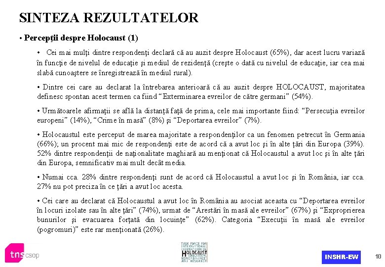 SINTEZA REZULTATELOR • Percepţii despre Holocaust (1) • Cei mai mulţi dintre respondenţi declară