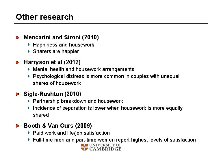 Other research Mencarini and Sironi (2010) Happiness and housework Sharers are happier Harryson et