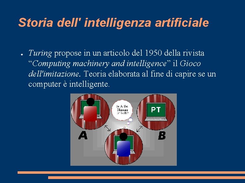 Storia dell' intelligenza artificiale ● Turing propose in un articolo del 1950 della rivista