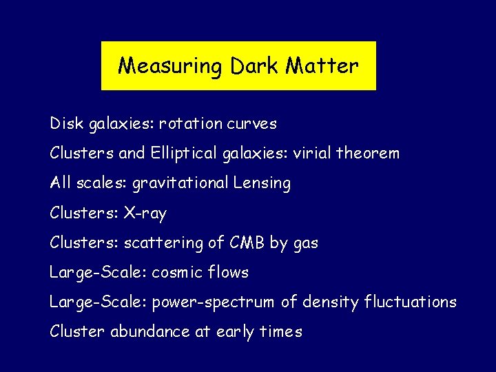 Measuring Dark Matter Disk galaxies: rotation curves Clusters and Elliptical galaxies: virial theorem All