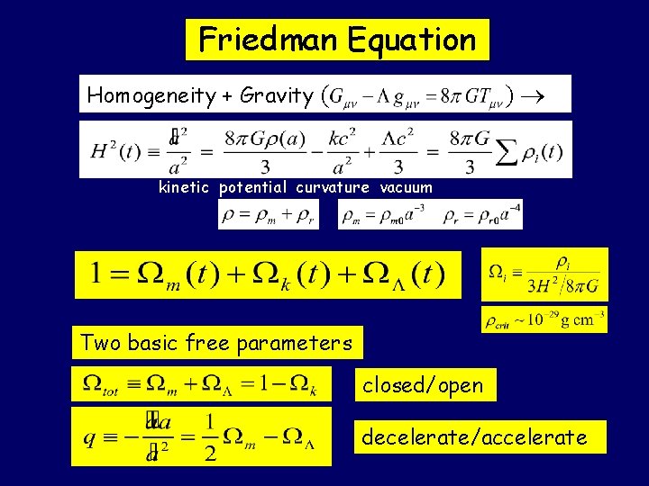 Friedman Equation ) Homogeneity + Gravity ( kinetic potential curvature vacuum Two basic free