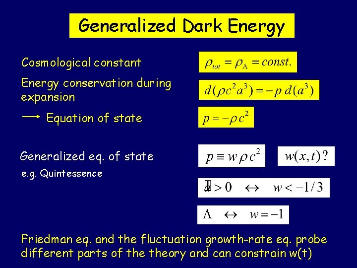 Generalized Dark Energy Cosmological constant Energy conservation during expansion Equation of state Generalized eq.