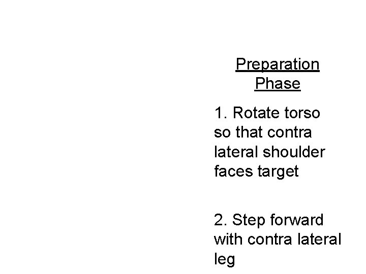 Preparation Phase 1. Rotate torso so that contra lateral shoulder faces target 2. Step