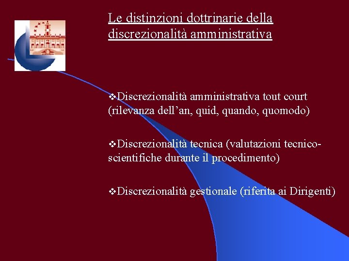 Le distinzioni dottrinarie della discrezionalità amministrativa v. Discrezionalità amministrativa tout court (rilevanza dell’an, quid,